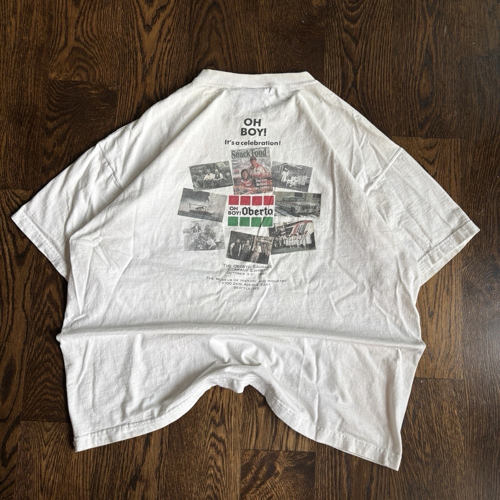 Vtg 90s Oberto Beef Jerky Shirt XL Oneita PowerSport 1997 Seattle MOHAI Exhibit